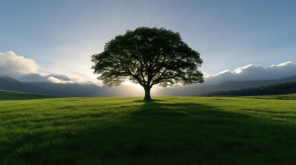 Obraz premium Solitary tree on a grassy plain at sunrise