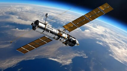 A stunning view of a satellite orbiting Earth, showcasing intricate details and solar panels against a vibrant blue background, conveying a sense of exploration. - Powered by Adobe