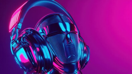 Cyberpunk Aesthetic Headphone Robot in Neon Lighting: Futuristic Synthwave Music