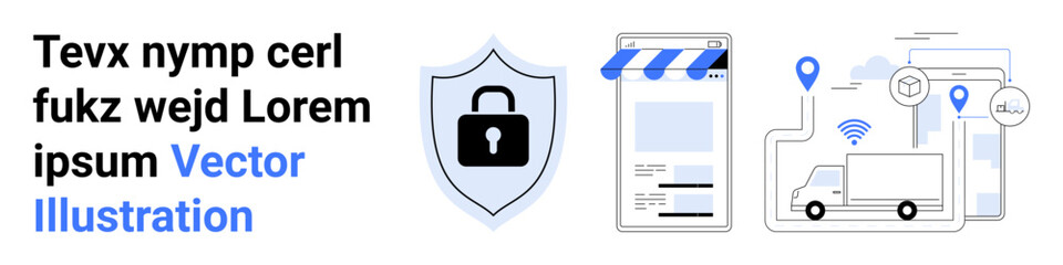 Shield with lock symbolizing cybersecurity, e-commerce platform, and logistics with location pins. Ideal for security, e-commerce, logistics, digital connectivity, tech services, cloud delivery
