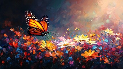 Monarch Butterfly in Colorful Flower Field