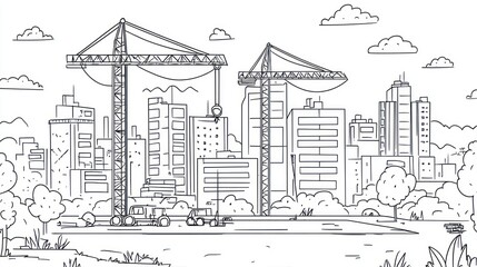 Fototapeta premium Outline drawing of city construction site with cranes
