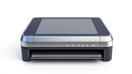 Modern silver and black inkjet printer isolated on white background.