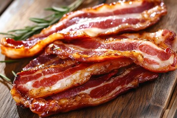 Crispy Delicious Fried Bacon Slices on Wooden Board