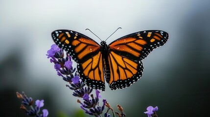 Fototapeta premium Vibrant Monarch Butterfly Resting on Purple Flowers in a Natural Outdoor Setting