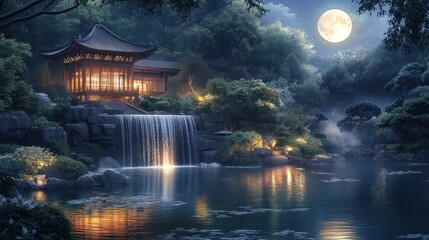 serene japanese garden with illuminated pavilion waterfall and full moon reflecting in the tranquil pond at night creating a peaceful atmosphere