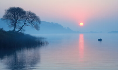 Fototapeta premium A tranquil lake at sunrise with a tree on the shore, a boat in the water, and a distant island in the distance.