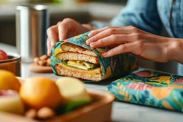 Packing a lunch in eco friendly reusable beeswax food wraps for a sustainable lifestyle