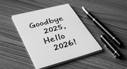 Goodbye 2025 Hello 2026 New Year's Message on Notepad with Pens