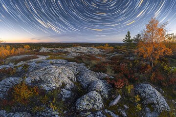 Obraz premium Night Sky With Circular Star Trails and Fall Foliage