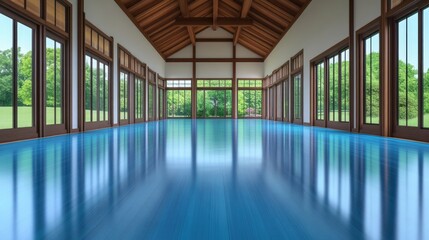 Spacious indoor pool with Japanese-style architecture.  Tranquil, modern, and elegant. Large windows overlook a lush garden