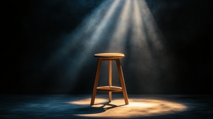 illuminated wooden stool bathed in celestial rays against a dark moody backdrop radiating solitude and artistic expression with serene ambiance