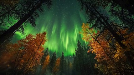 Obraz premium Green Aurora Borealis Above a Scenic Fall Landscape at Night