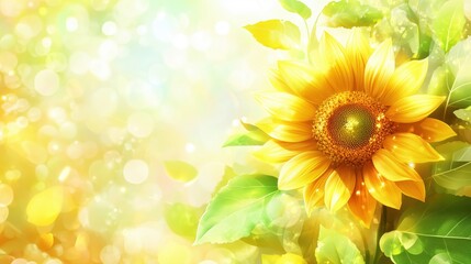Obraz premium A vibrant sunflower blooms amidst a soft, glowing backdrop with hints of yellow and green, creating a cheerful and uplifting atmosphere. the energy of new beginnings, hope, growth, Seasonal, nature