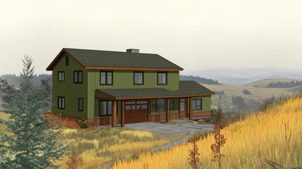 Fototapeta premium Modern two-story green house with a double garage, situated on a hillside overlooking a valley.