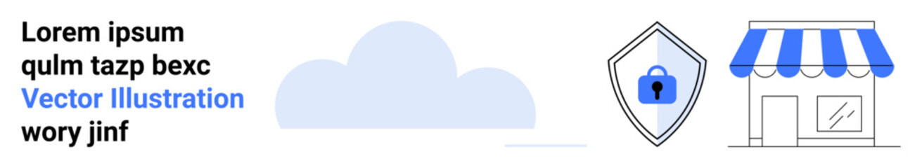 Cloud, security shield with padlock, storefront under striped awning. Ideal for cybersecurity, data protection, small business, e-commerce, online safety, cloud computing concepts flat landing page