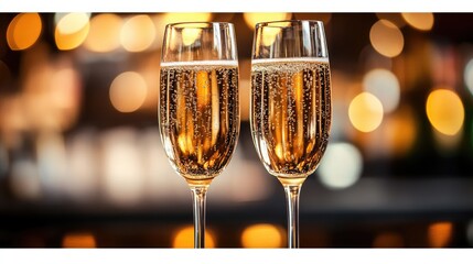 Two champagne flutes are filled with bubbly champagne,set against a softly blurred background of warm,golden lights bokeh for event planning websites,lifestyle blogs,or articles about toasting