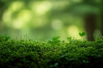 A close up image displays green moss and fresh plants in nature