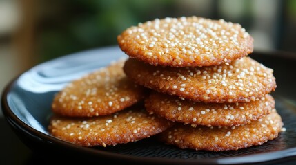 stack of freshly baked sesame seed cookies resting on a dark plate creating an appetizing close up ideal for bakery advertisements
