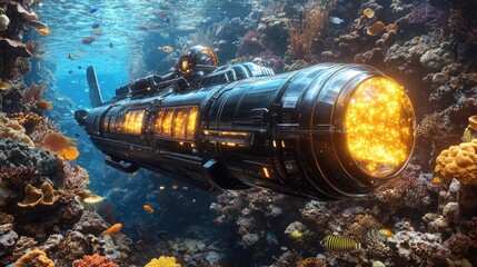 A sleek, futuristic submarine navigates a vibrant underwater world teeming with colorful coral reefs and schools of fish.Websites or blogs about marine biology, coral reefs, and underwater ecosystems.