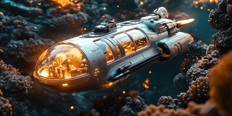Fototapeta premium A sleek, futuristic submarine navigates a vibrant underwater world teeming with colorful coral reefs and schools of fish.Websites or blogs about marine biology, coral reefs, and underwater ecosystems.