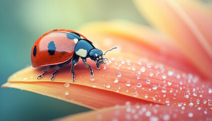 Obraz premium A ladybug with a colorful body and black spots on a flower petal, with water droplets on its legs and petals.