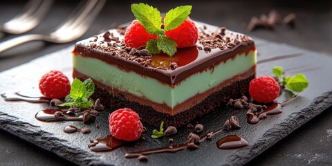 Chocolate Mousse Cake with Raspberries and Mint for food blogs,recipe websites,bakery websites,and social media posts showcasing decadent desserts