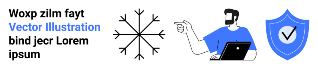 Man using laptop and pointing toward concept elements, including a shield with checkmark and snowflake. Ideal for cybersecurity, precision, technology, weather, analytics, trust, flat landing page