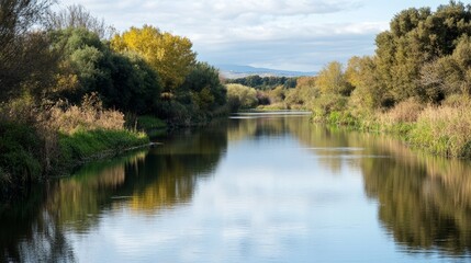 Tranquil river reflecting soft sunlight, a serene natural moment. Minimalism in nature's simplicity and calm.
