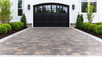 Elegant residential driveway with paver stones and well-maintained landscaping featuring shrubs and decorative black garage door