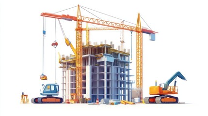 Construction site with cranes and excavators