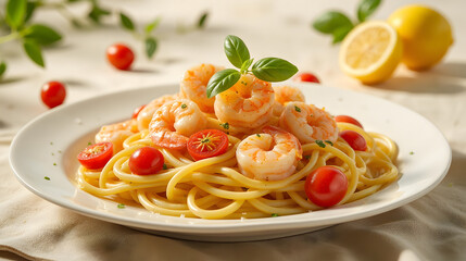Seafood Linguine with Shrimp Cherry Tomatoes and Lemon Garlic Sauce Garnished with Fresh Basil