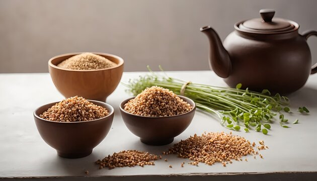 Buckwheat Groats and Sprouts in Bowls with Teapot