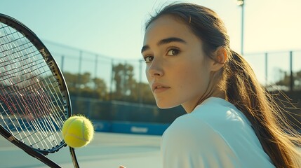 Young woman on a tennis court, focused and ready to play