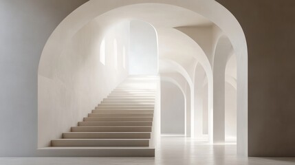 Empty white arch hallway with stairs