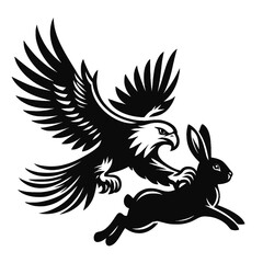 Obraz premium Eagle seizing rabbit in flight logo silhouette black color isolated white background