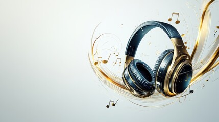 Fototapeta premium Elegant Blue and Gold Headphones Immersed in Musical Swirls: A Symphony of Sound and Style