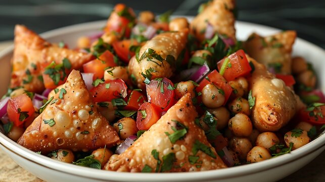 Burmese samusa salad chickpeas cut samosas mixed in plated cleanly on a white ceramic dish