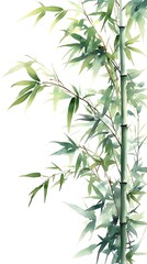 Tranquil Bamboo Watercolor Art A Vertical Composition of Green Leaves and Stalks on White Canvas