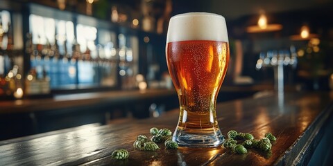 Glass of craft beer placed on a rustic wooden bar with hops scattered around  highlighting local breweries and beer culture promoting relaxation and social gatherings