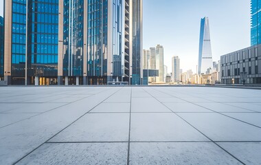 Vibrant Urban Skyline with Reflective Skyscrapers and Plaza