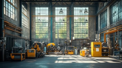Fototapeta premium illuminated industrial workshop showcasing machinery and large windows providing ample natural light with metal framework and yellow accents