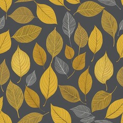 Fototapeta premium Seamless Pattern of Golden and Silver Leaves on Dark Gray Background