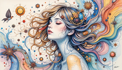 vivid and intricate psychedelic girl artwork featuring surreal cosmic elements and flowing details that create a dreamlike and mystical visual experience.
