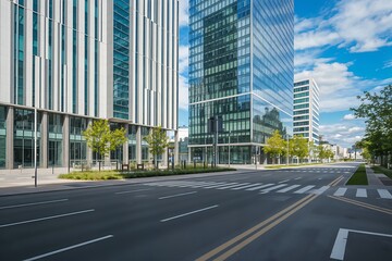 Obraz premium Sunny Urban Street with Modern Architecture and Greenery