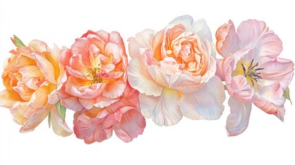 Vibrant Roses and Tulips in Pastel Hues on White Background
