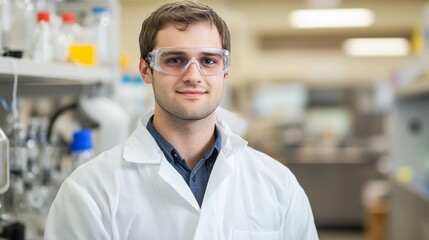 Fototapeta premium Scientist in protective gear, focused expression, soft light, blurred lab background; dedication to scientific discovery in action. 