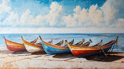 Obraz premium Colorful fishing boats on beach, sunny sky, ocean background; home decor