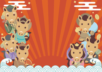 年賀状　年賀　2026　フレーム　干支　七福神　日の出　午年　午　馬　うま　かわいい　イラスト
