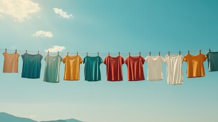 Colorful shirts hanging on a clothesline against a clear blue sky.